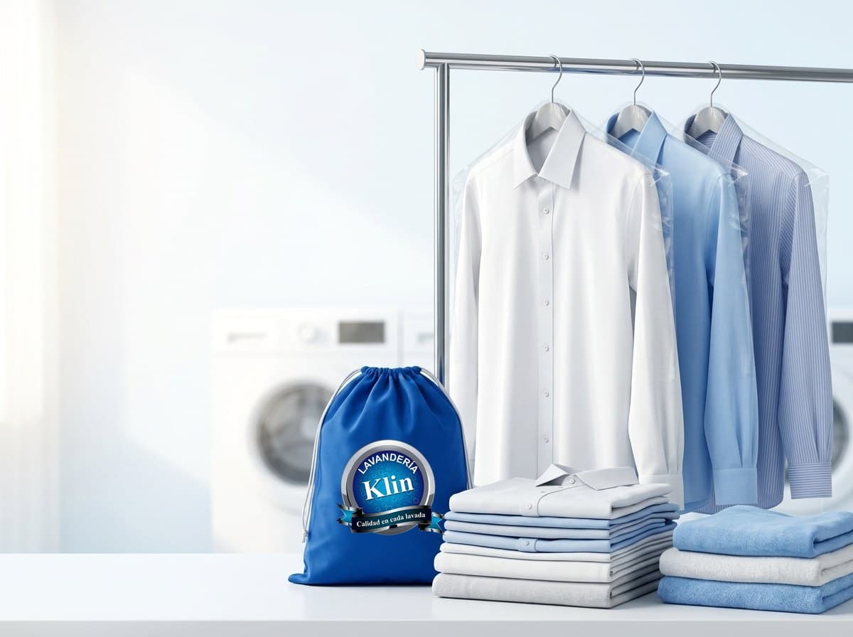 Camisas de manga larga recién planchadas en ganchos, ropa doblada y la bolsa azul de Lavanderia Klin