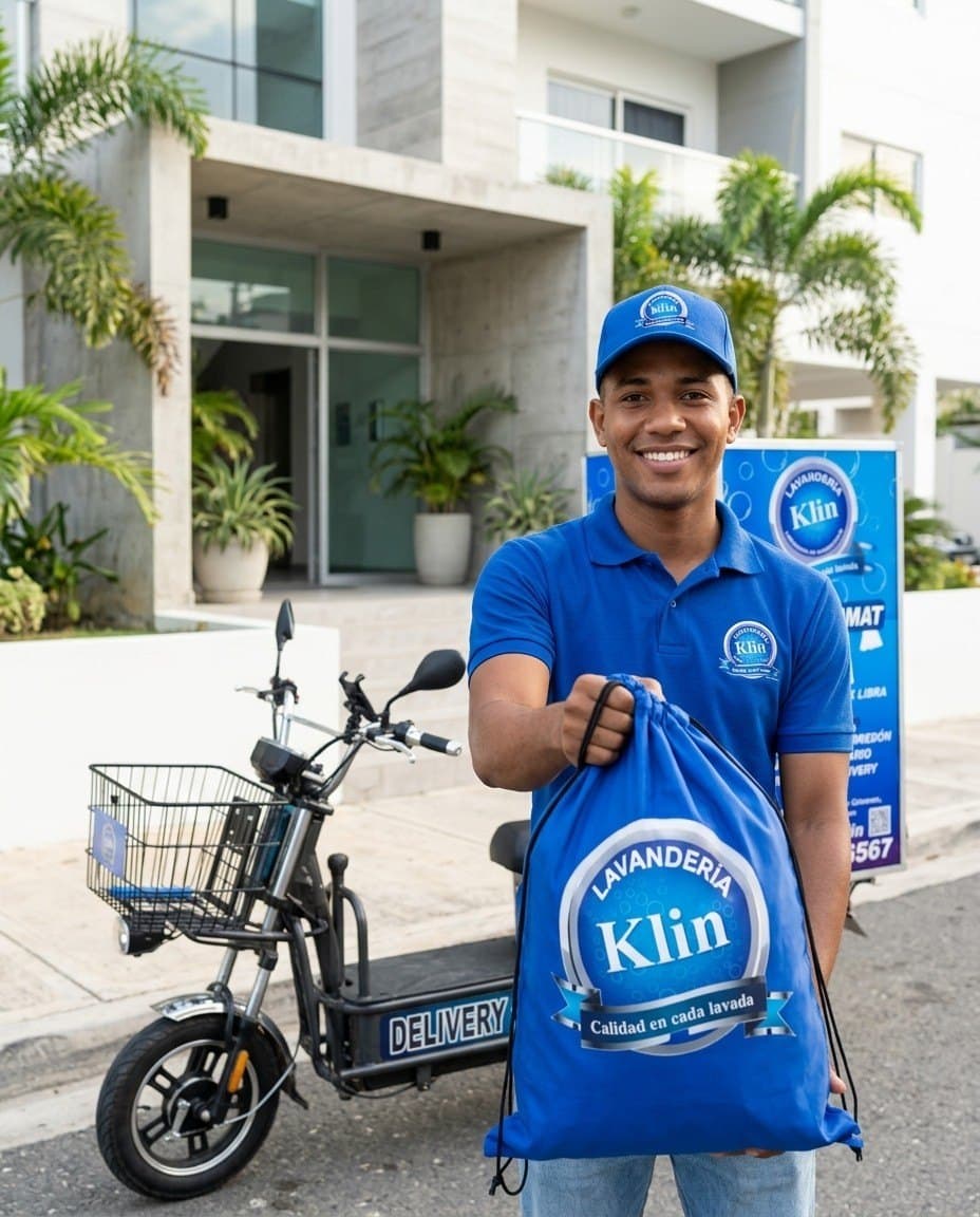 Repartidor de Lavanderia Klin con uniforme azul entregando una bolsa de ropa limpia junto a la moto de delivery